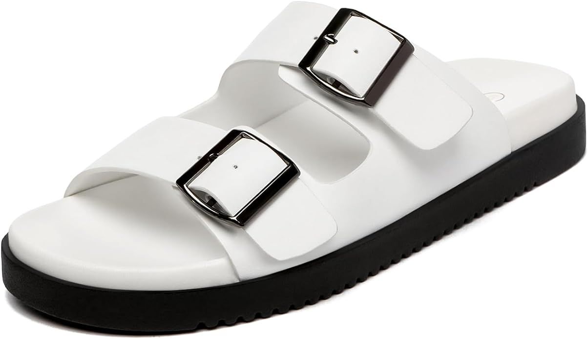 Rihero Women's Flat Sandals Comfort Adjustable Double Strap Slip on Leather Footbed Sandals | Amazon (US)