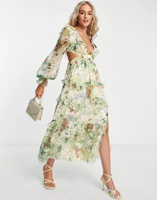 ASOS DESIGN tiered ruffle midi dress with elastic waist and lace up back detail in floral print | ASOS (Global)