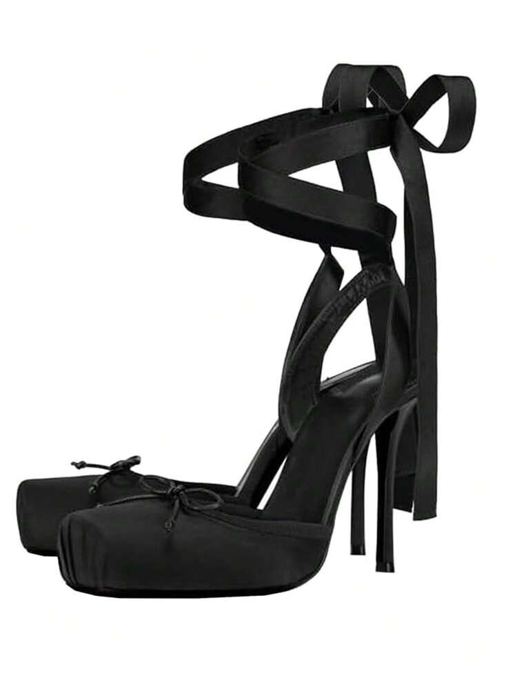 Ballet Mary Janes Black High Heels For Women Square Toe Satin Lace Up Ballerina Stiletto Heels With Bow Elegant Wedding Party Slingback Pump Heels For Women  | SHEIN