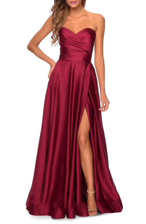 La Femme Strapless Slit Satin Ballgown in Wine at Nordstrom, Size 0 | Nordstrom