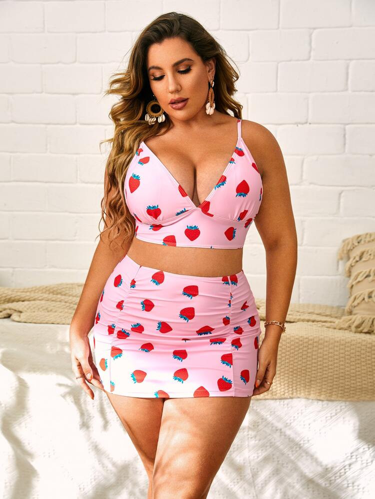 Plus Strawberry Print Bikini Swimsuit With Beach Skirt | SHEIN