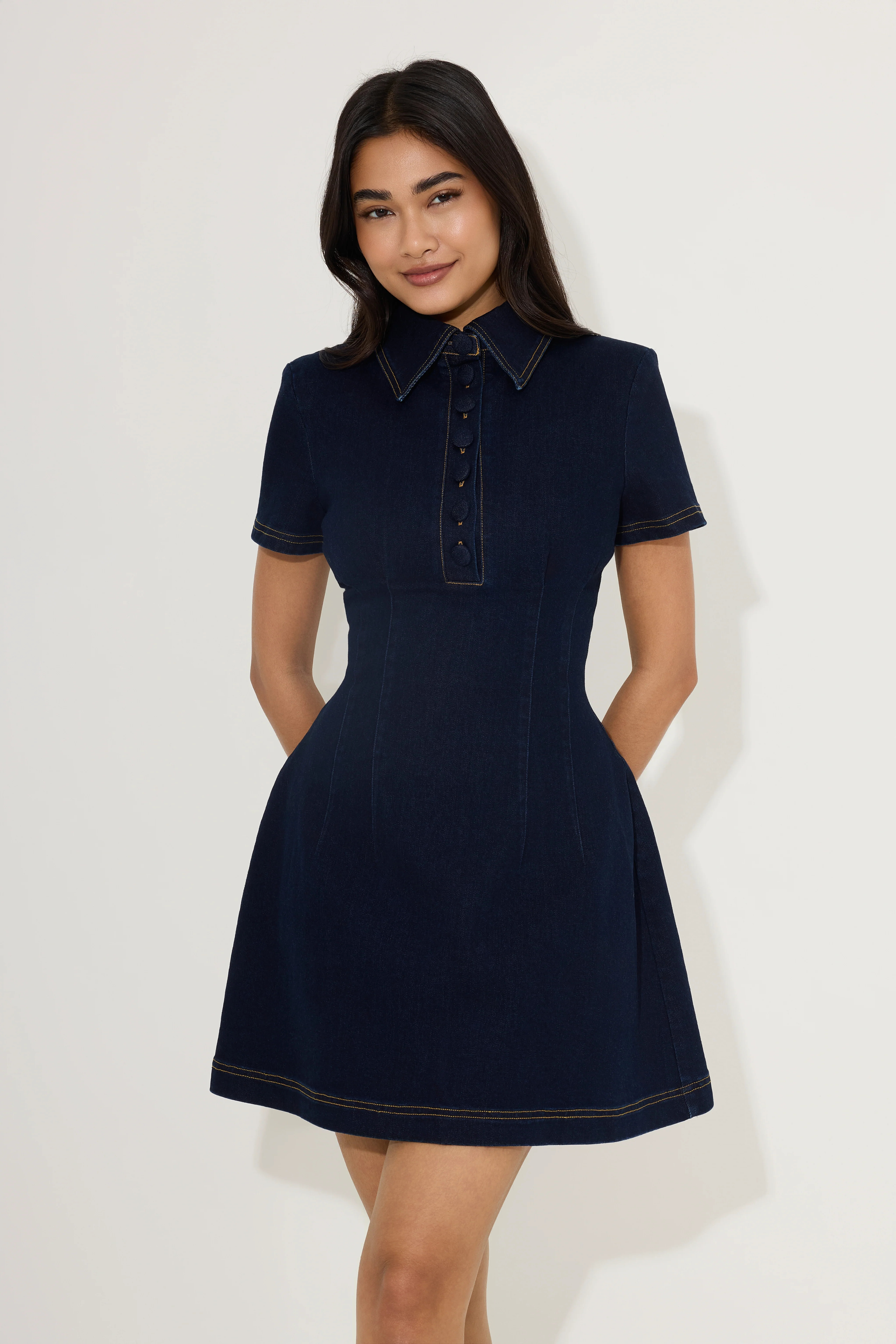 Cotton Mix Denim Collared Mini Dress | Odd Muse