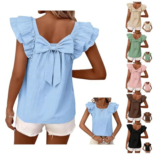 Ruffled Blouses for Women Cute Back Bow Tie Ruffle Short Sleeve Tops Summer Casual Square Neck Babydoll T Shirt 2026 Blue | Amazon (US)