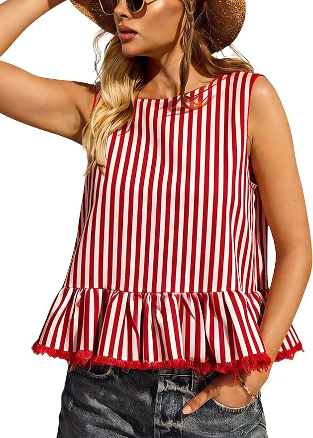 PUWEI Womens Summer Sleeveless Peplum Tank Top Button Back Striped Frayed Hem Casual Loose Fit Bl... | Amazon (US)