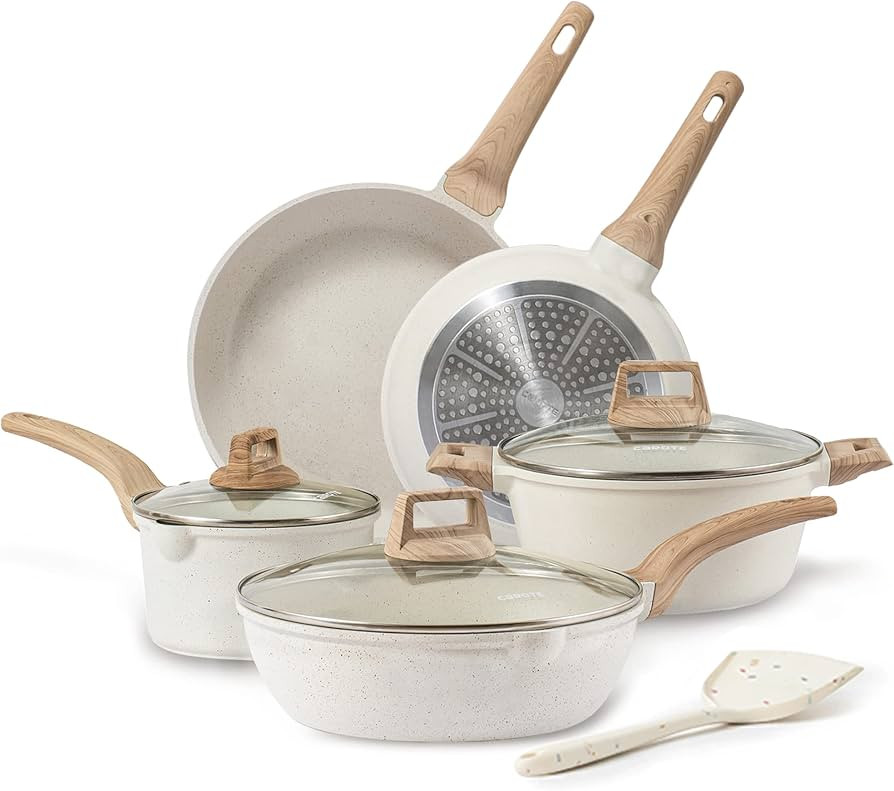 CAROTE Pots and Pans Set Nonstick, White Granite Induction Kitchen Cookware Sets, 9 Pcs Non Stick... | Amazon (US)