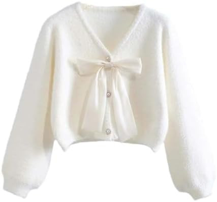 Women's Bow Knit Single-Breasted Casual Sweater Cardigans Long Sleeve V-Neck Short Top | Amazon (US)