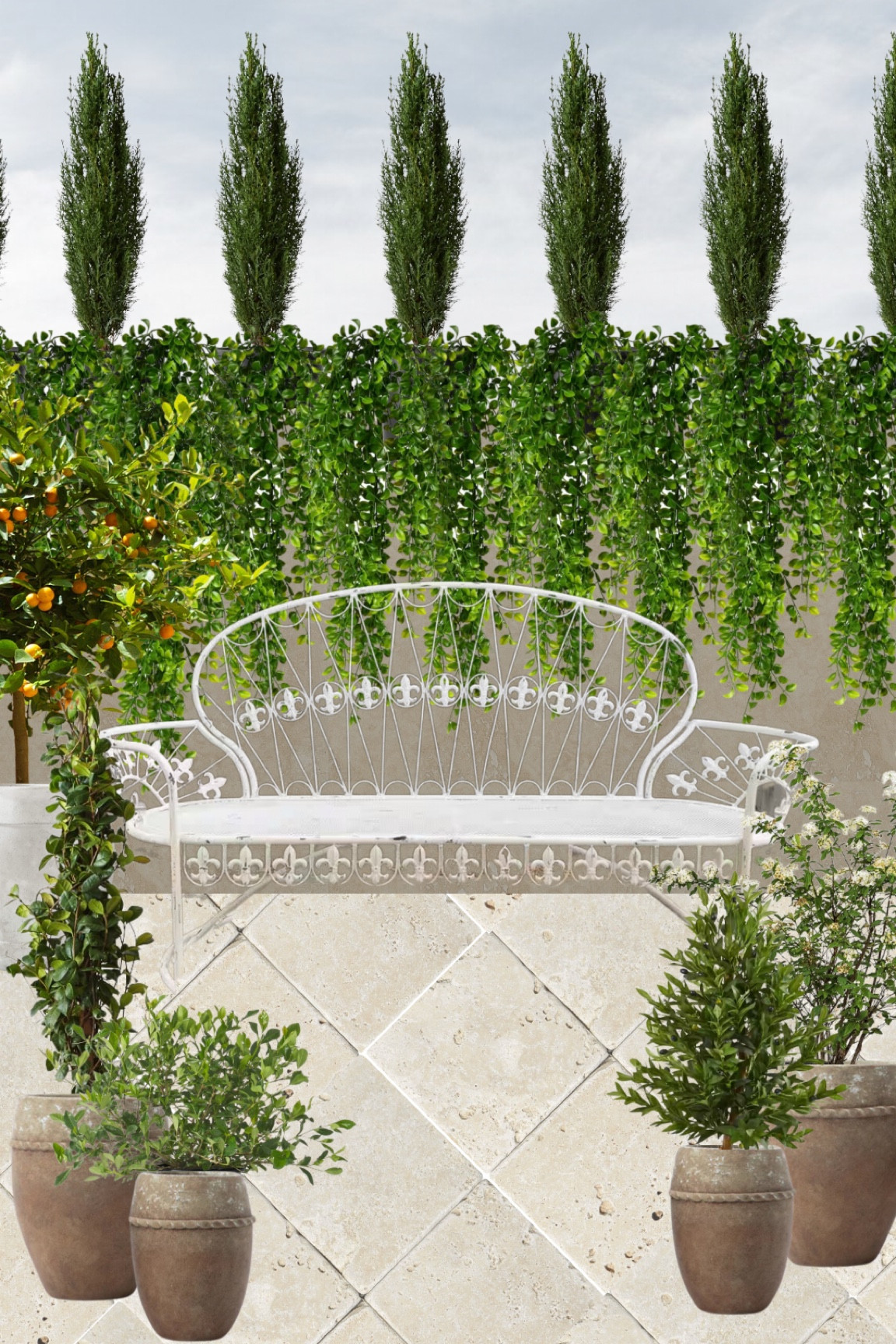 European inspired courtyard garden 

Plant, mini trees, iron bench, planters, exterior design, outdoor living 

#LTKhome #LTKsalealert #LTKSeasonal