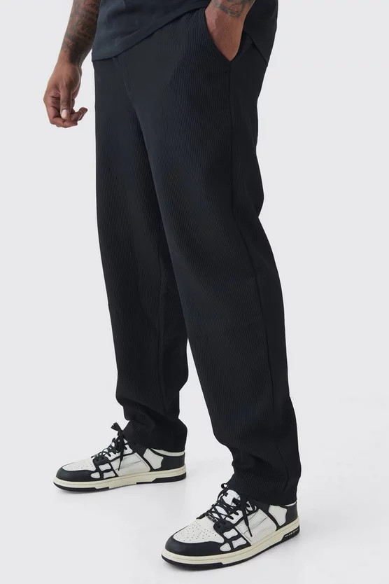 Plus Elastic Waist Tapered Fit Pleated Pants | boohooMAN (US & Canada)