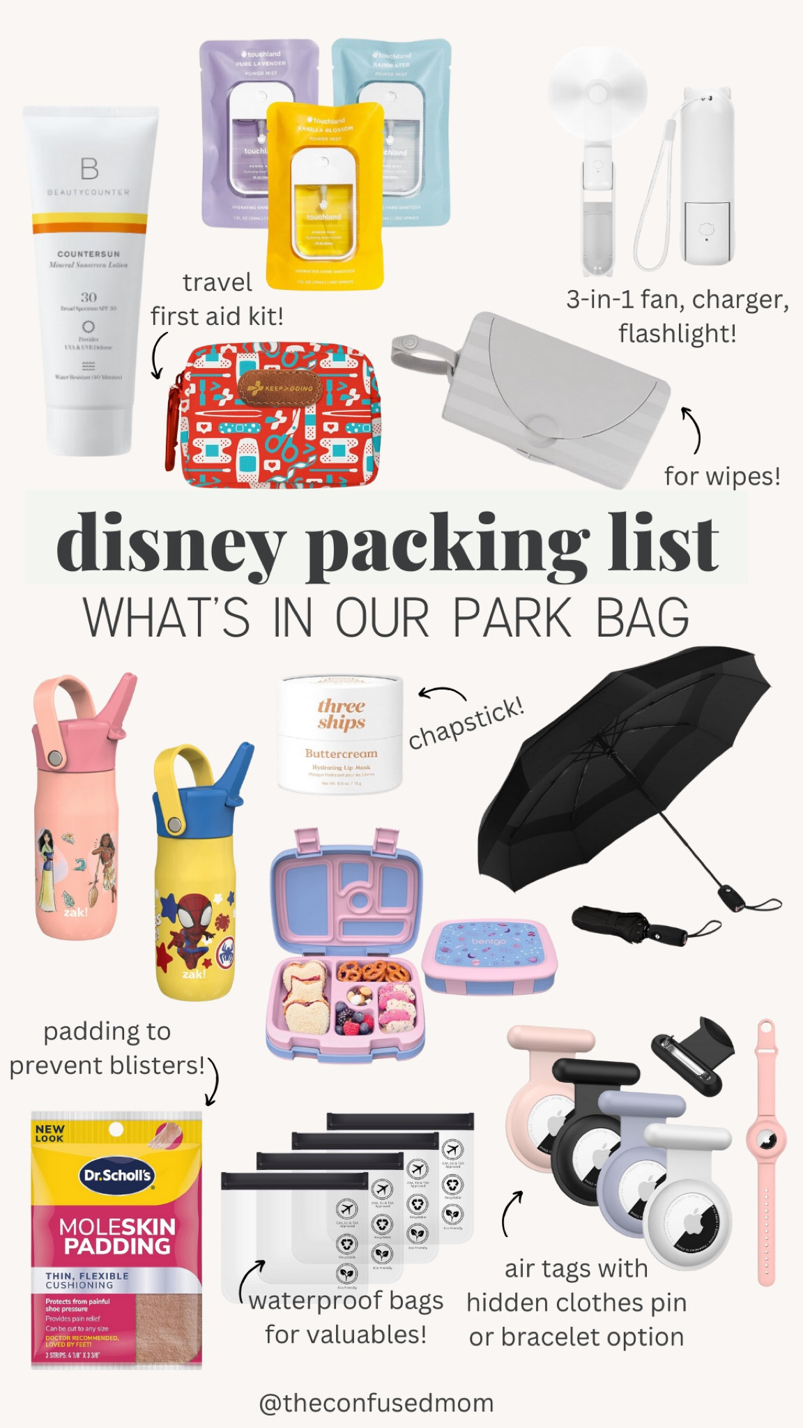 Disney packing list, what’s in our park bag, amusement park essentials, Disney world essentials, kids bag essentials, kids water bottles, kids snack box, umbrella, travel first aid kit, sun screen for kids, air tag, air tag pins, blister hacks, wipe carrier, chapstick 

#LTKkids #LTKfamily #LTKtravel