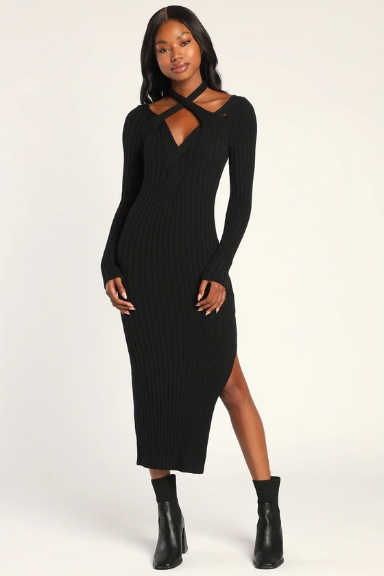 Trend Forecast Black Ribbed Long Sleeve Halter Sweater Dress | Lulus (US)