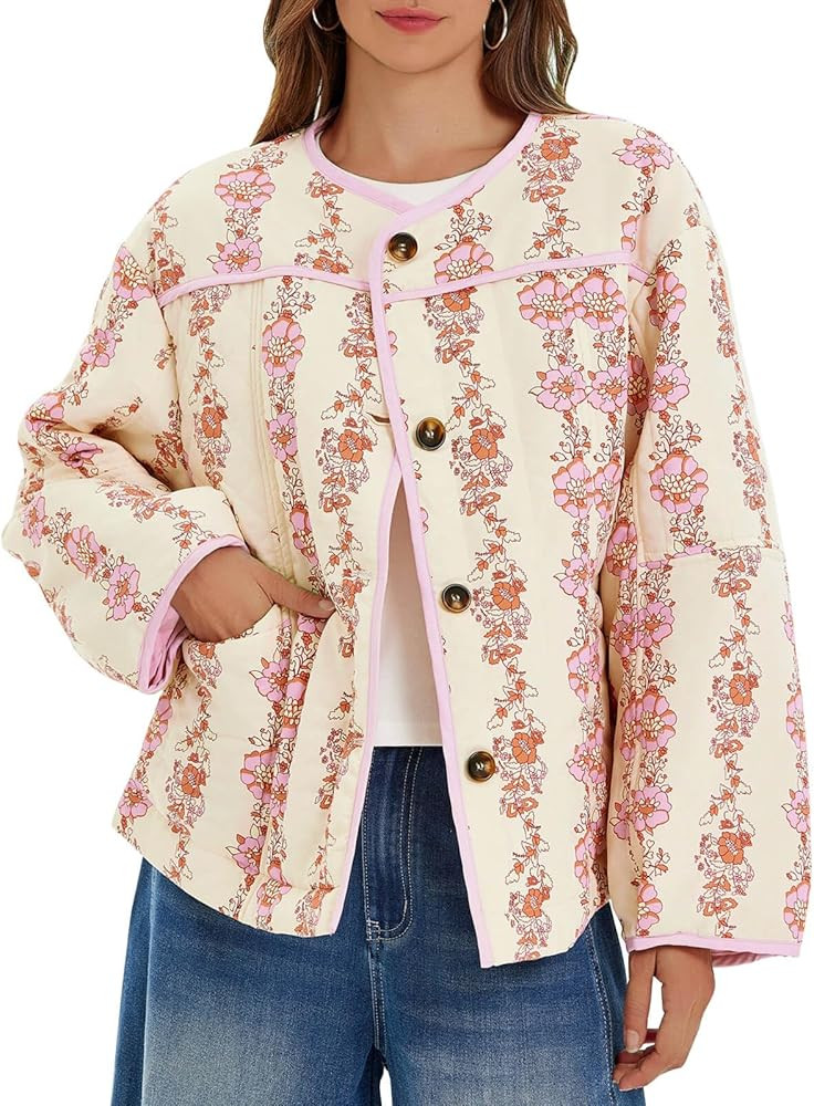 Tankaneo Womens Floral Quilted Lightweight Jackets Oversized Collarless Puffer Jacket Button Down... | Amazon (US)