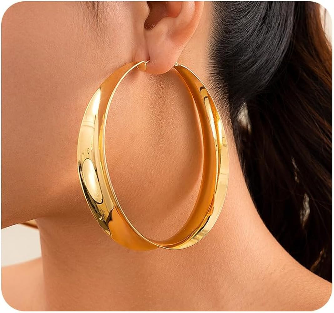Gold Chunky Hoop Earrings for Women Exaggerated Large Wide Post Thick Hoop Earrings Minimalist Po... | Amazon (US)
