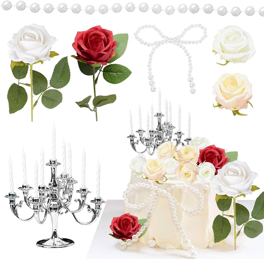 Knana 19Pcs Red Rose Cake Topper Red Rose Cake Decoration Silver Candelabra Cake Decoration Cande... | Amazon (US)