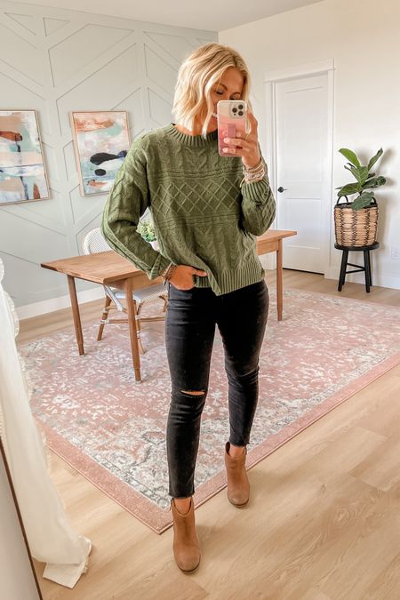 Mixed stitch sweater 
Wearing small
$18—comes in 4 colors 

High Rise Curvy Girlfriend Jeans
$29.50
Wearing my normal size

Boots are true to size  

#LTKSeasonal #LTKshoecrush #LTKstyletip