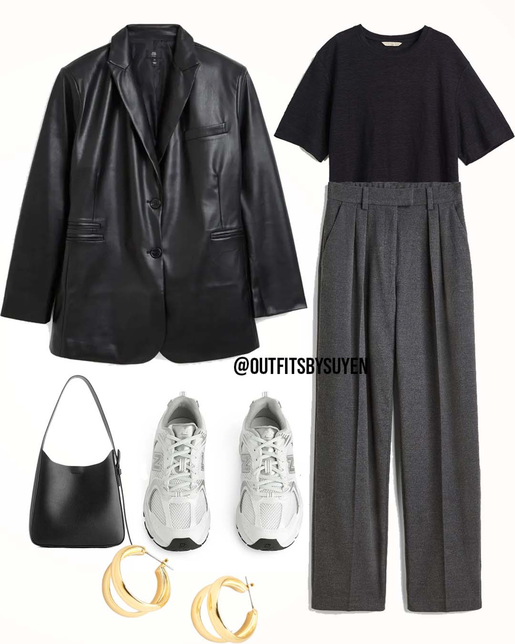 Plus-size Basic style faux leather jacket, gray trousers, black shirt, new balance sneakers, black bag, gold jewelry 

#LTKcurves #LTKunder50 #LTKstyletip