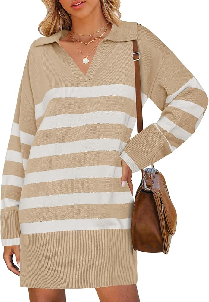 ZESICA Women's Striped Sweater Dress 2024 Fall Long Sleeve V Neck Collar Loose Knit Mini Dresses | Amazon (US)