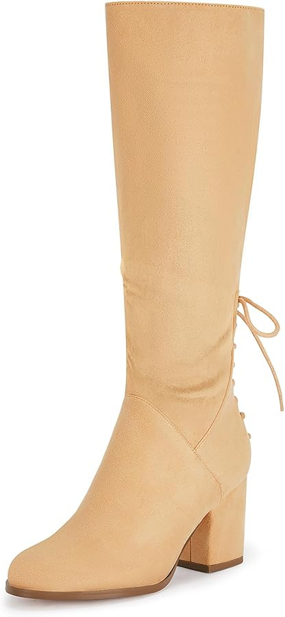 Coutgo Womens Wide Calf Knee High Boots Chunky Block Heel Round Toe Back Straps Side Zipper Winte... | Amazon (US)