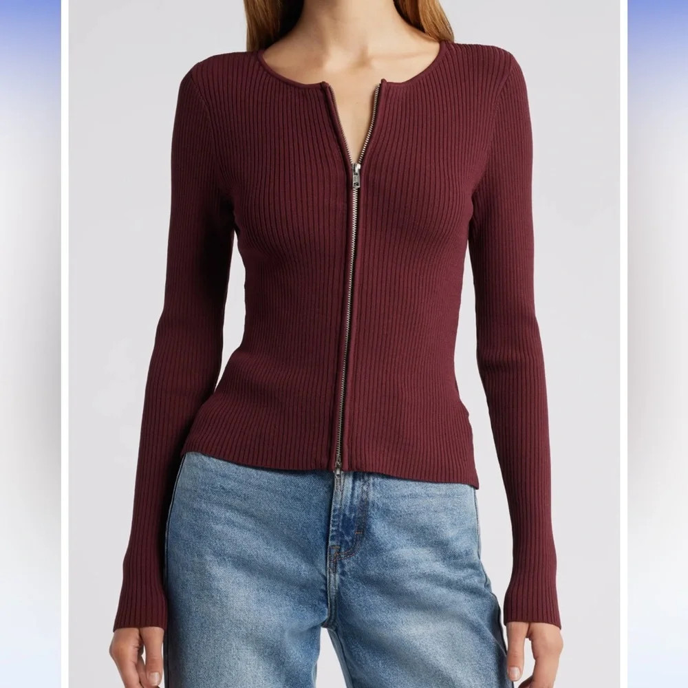 *Never Worn* Good American Virgo Rib Zip Cardigan Sweater in Oxblood (Maroon) | Poshmark
