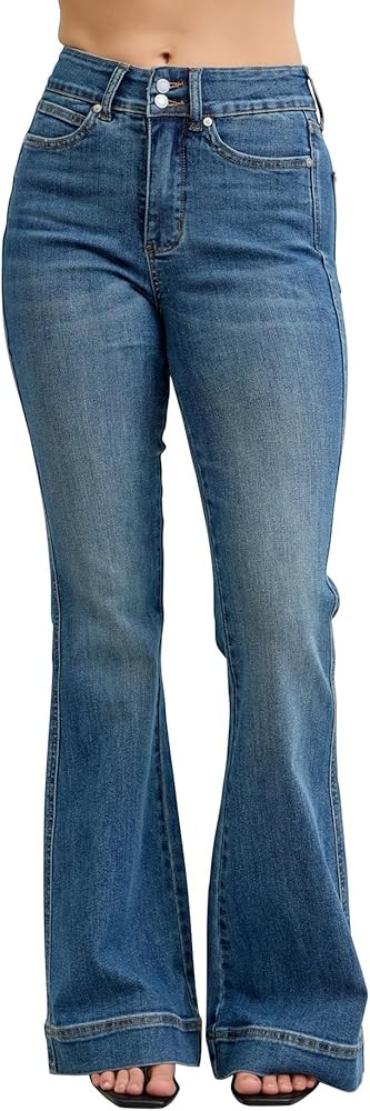 Judy Blue Womens Jeans - High Waisted Flare Tummy Control Double Button Wide Bootcut | Amazon (US)