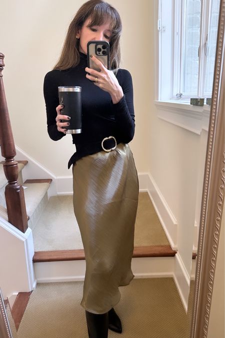 Slip skirt gold! Love this soft versatile and festive option for holidays 😍 also the belt is adjustable and a statement without being too logo. My shoes are 15% off with code ziba15 and my turtle neck knit is the best purchase I’ve ever made!!

#LTKparties #LTKCyberWeek #LTKSeasonal