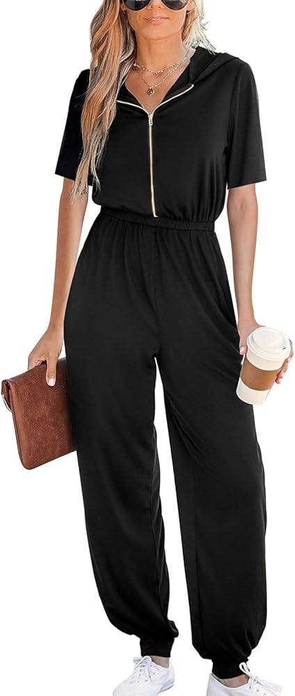 Paintcolors Women's One Piece Jumpsuit Short Sleeve Zip Up Casual Hooded Sweatsuit Long Sweat Pan... | Amazon (US)
