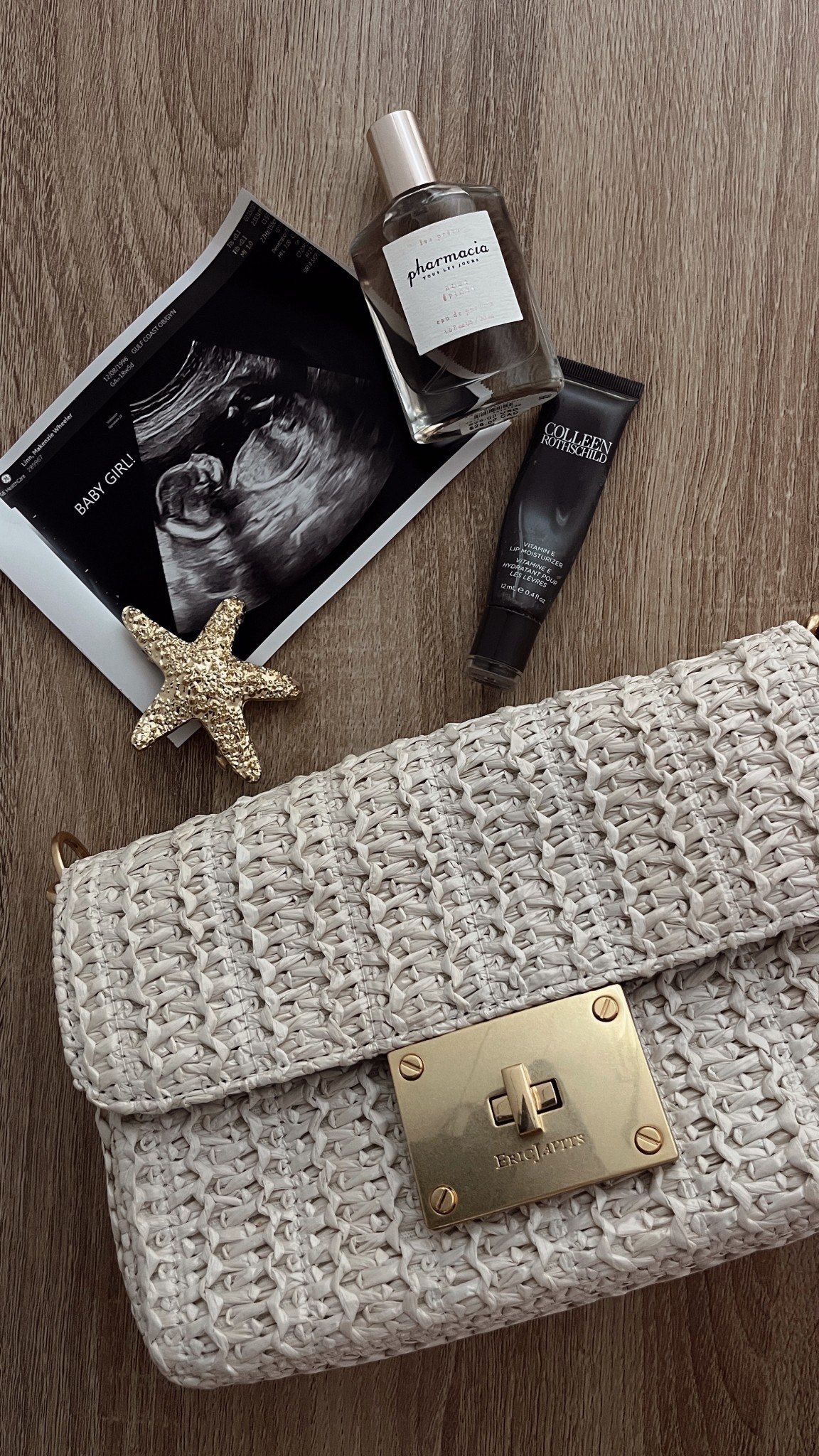 a few of my favorite things 
rattan shoulder tote , starfish hair clip , ultrasound photo of baby girl of course , my fave lip balm , & perfume from Anthropologie 

#LTKBeauty #LTKBump #LTKItBag
