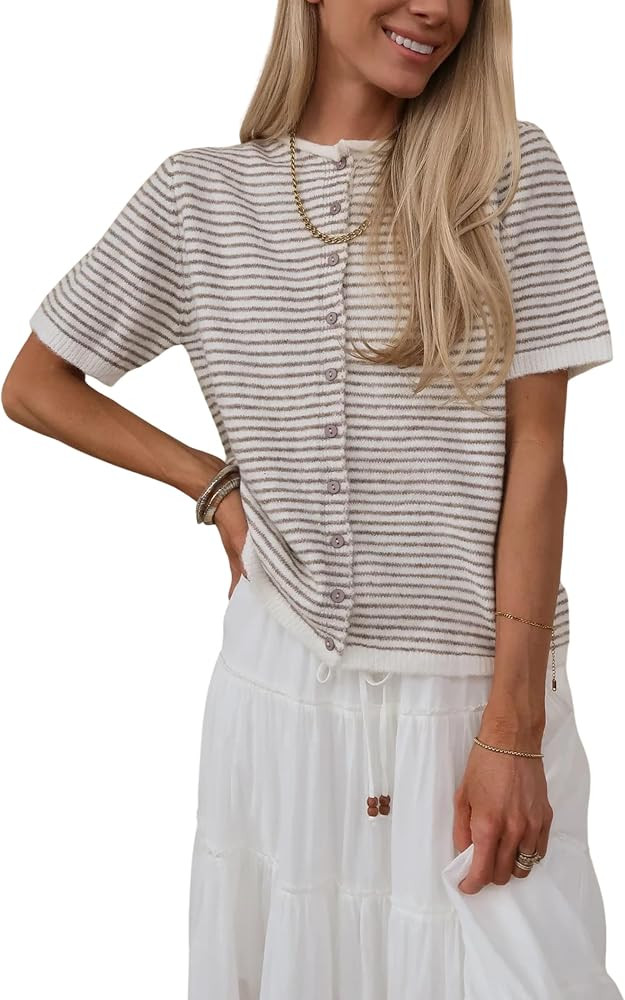 Women's Short Sleeve Striped Knit Cardigan Summer Casual Button Down Lightweight Sweaters | Amazon (US)