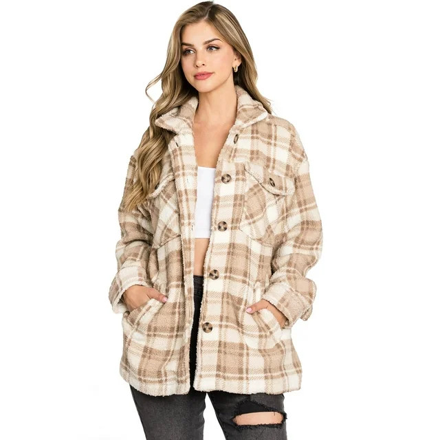 Love Tree Women's Cozy Soft Sherpa Teddy Coat Plaid Shacket (M, Khaki) | Walmart (US)