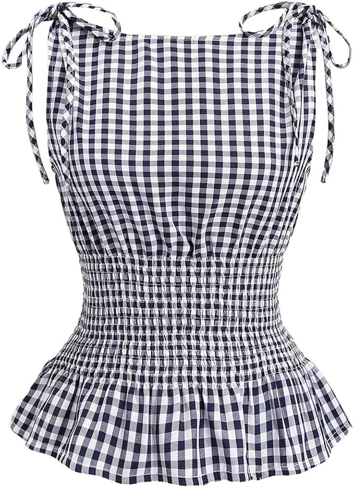 SOLY HUX Women's Plaid Print Tie Shoulder Ruffle Tank Shirts Shirred Vintage Babydoll Tops | Amazon (CA)