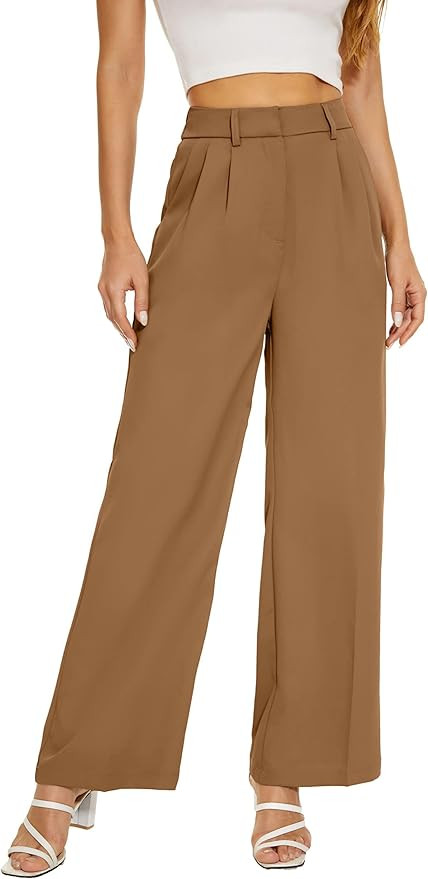 Women Wide Leg High Waist Wide Leg Pants Loose Fit Back Elastic Waist Pleated Front Trousers for ... | Amazon (US)