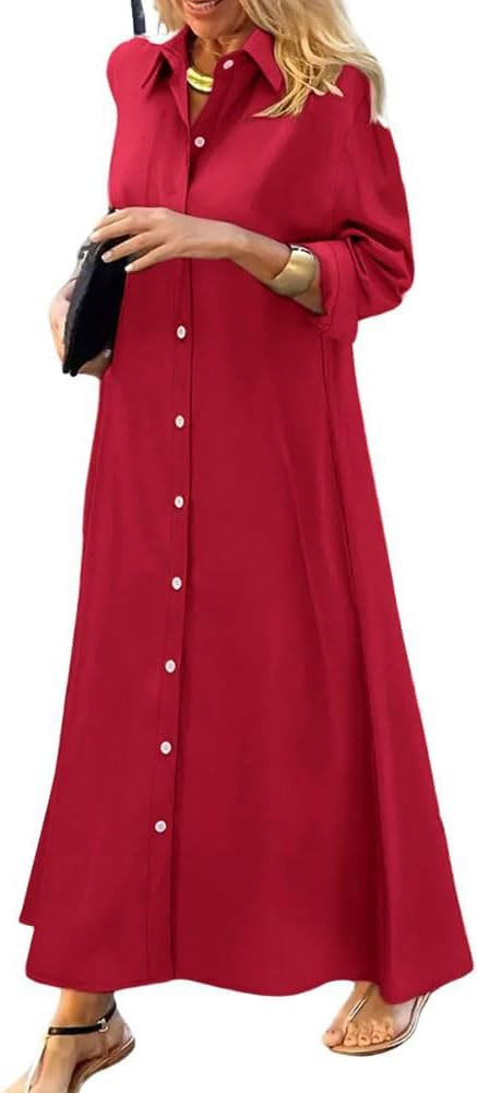 chouyatou Women's Casual Button Down Maxi Shirt Dress Long Sleeve Button Up Tunic Long Dress | Amazon (CA)