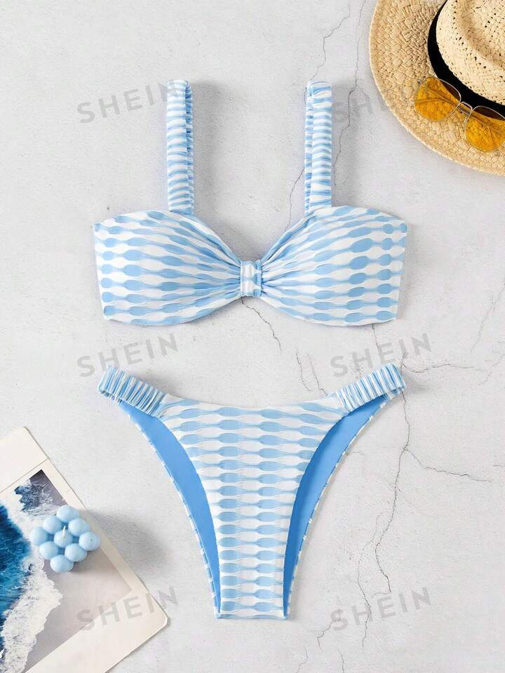 Women's Summer Beach Geometric Printed Bikini Set With Twist Knot Design And Separated Swimsuit |... | SHEIN
