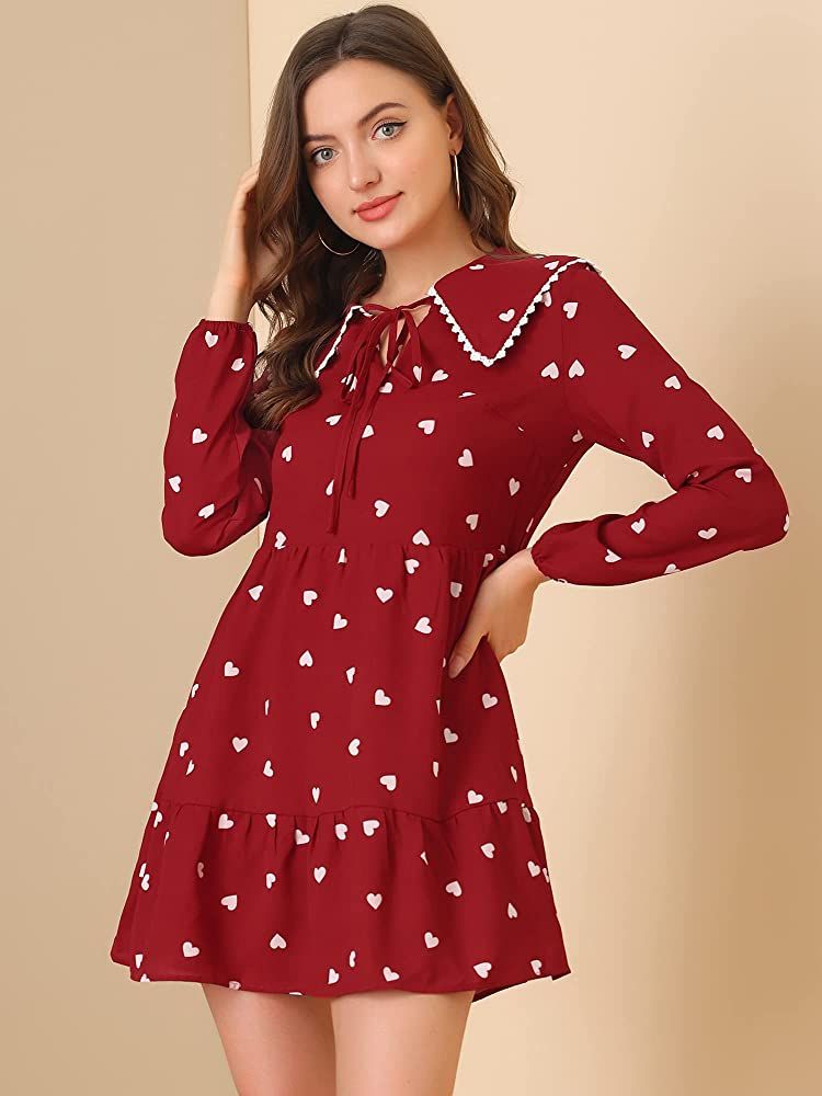 Allegra K Women's Valentine's Day Mini Dresses Cute Heart Print Long Sleeve Ruffle Hem Dress | Amazon (US)