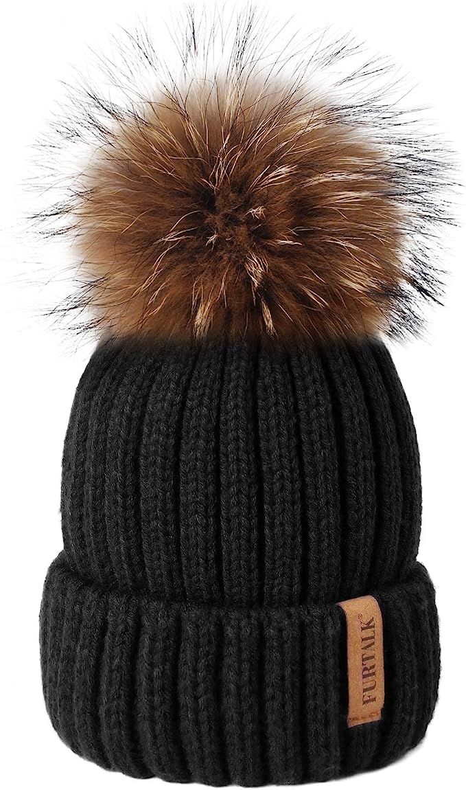 FURTALK Winter Knit Hat Detachable Real Raccoon Fur Pom Pom Womens Girls Warm Knit Beanie Hat | Amazon (US)