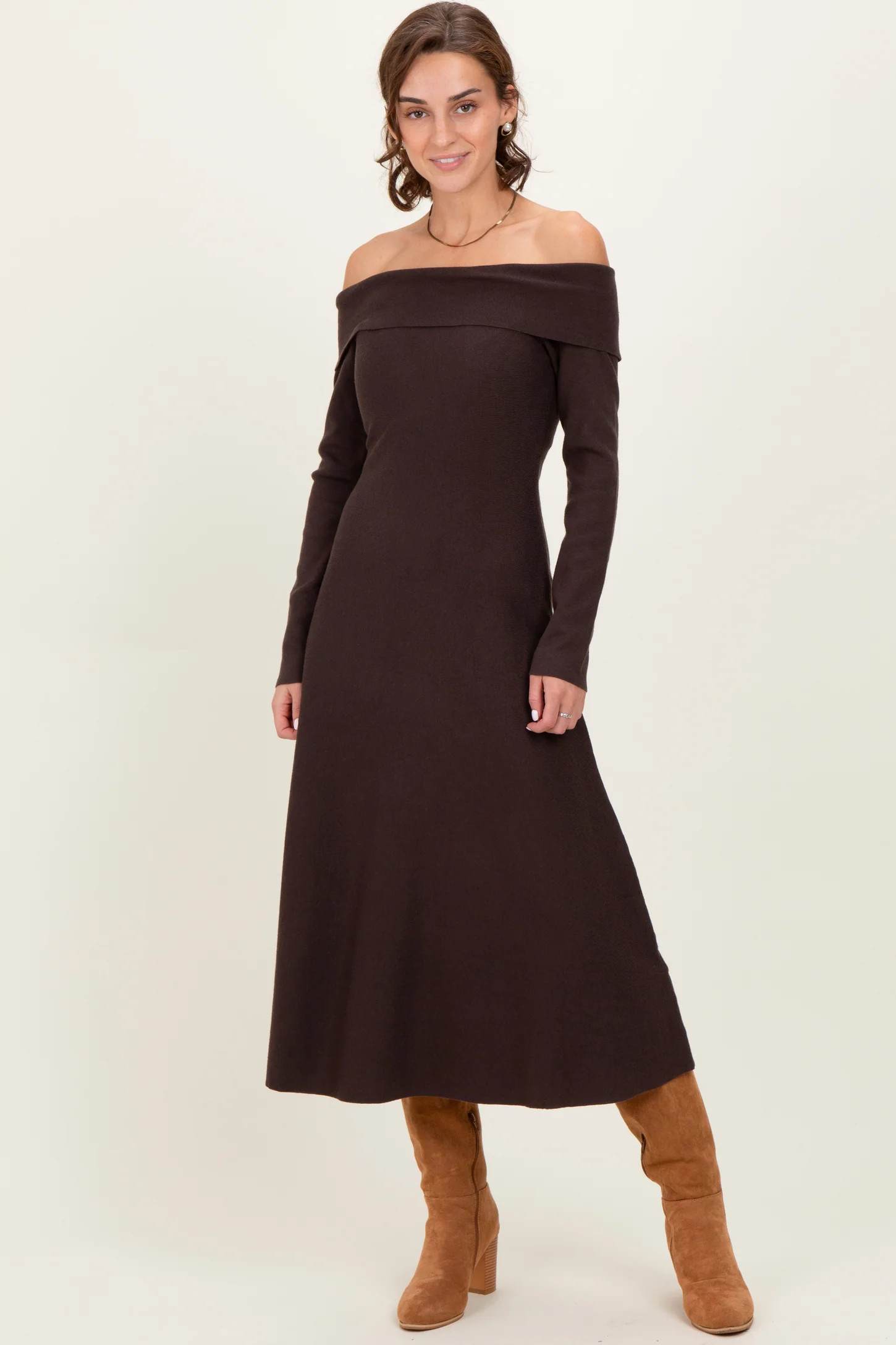 Brown Off Shoulder Sweater Midi Dress | PinkBlush Maternity