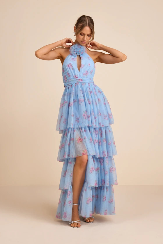 Charmian Light Blue Floral Tulle Tiered Maxi Dress | Lulus