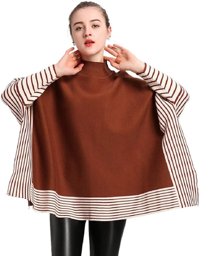 Cromoncent Women's Batwing Sleeve Cape Poncho Knit Pullover Jumper Sweater | Amazon (US)