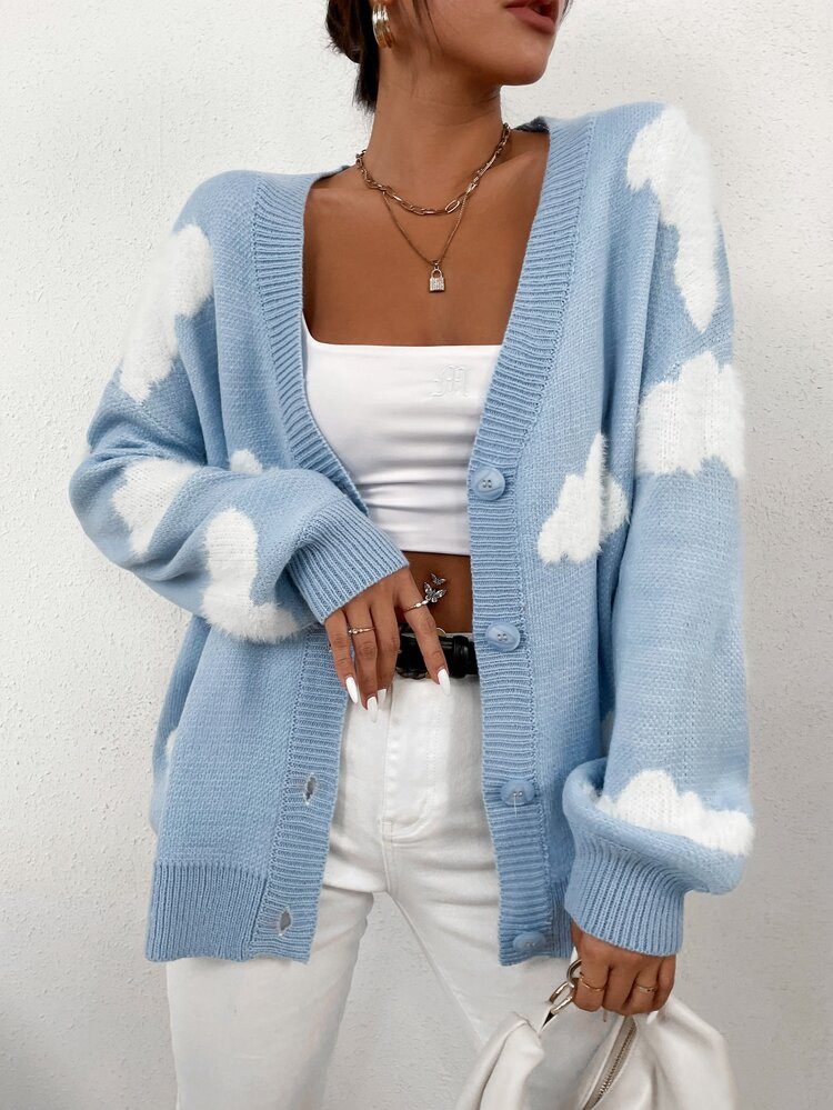 Drop Shoulder Cloud Pattern Cardigan | SHEIN
