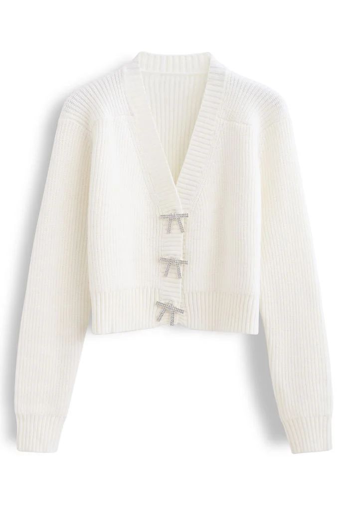 Bowknot Brooch Button Up Crop Knit Cardigan in White | Chicwish