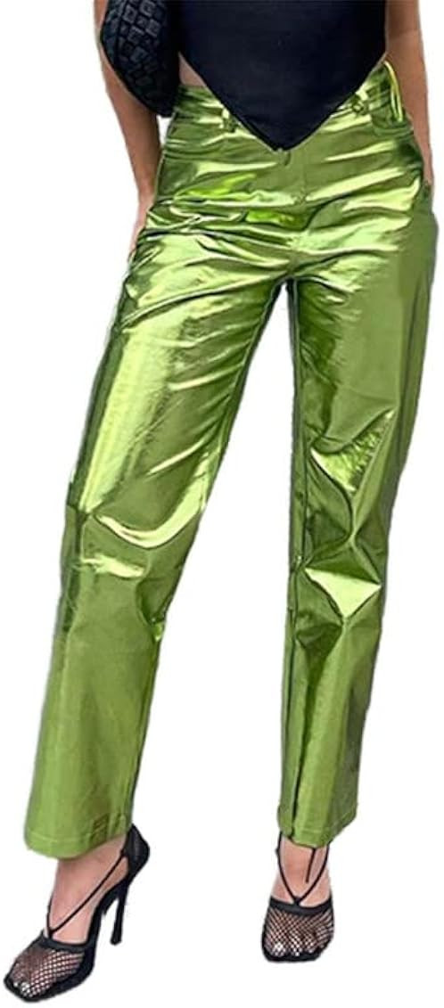 LROSEY Women's Shiny Metallic Holographic Straight Leg Faux Leather Pants with Pockets | Amazon (US)