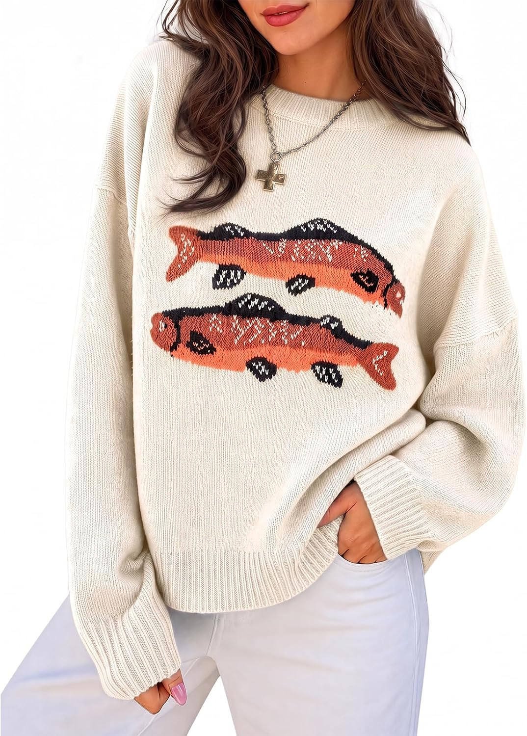 Sweaters for Women Fall Long Sleeve Fish Graphic Knit Pullover | Amazon (US)