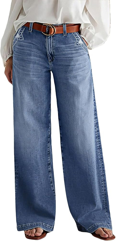 Flamingals Wide Leg Mid Waist Baggy Stitch Decor Denim Jeans for Women | Amazon (US)