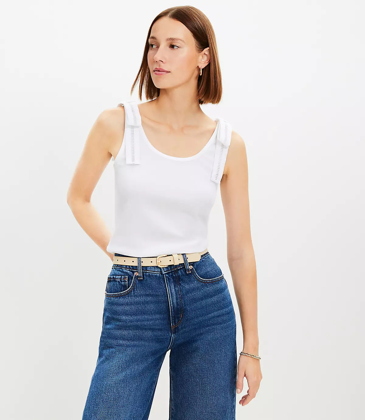 Poplin Ribbed Tie Shoulder Mixed Media Tank Top | LOFT