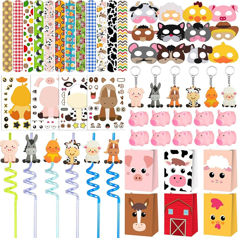 Farm Animals Party Favors Set 84 PCS Barnyard Animal Masks Sticker Keychains Straw Slap Bracelet ... | Amazon (US)