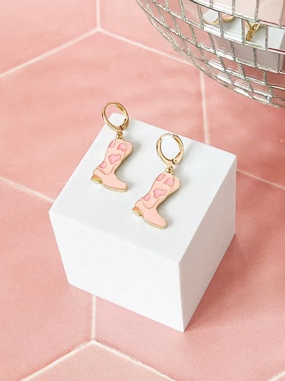 Pink Cowgirl Boots Charm Huggie Hoops Earrings, Nashville Earrings, Bachelorette Earrings | Etsy (US)