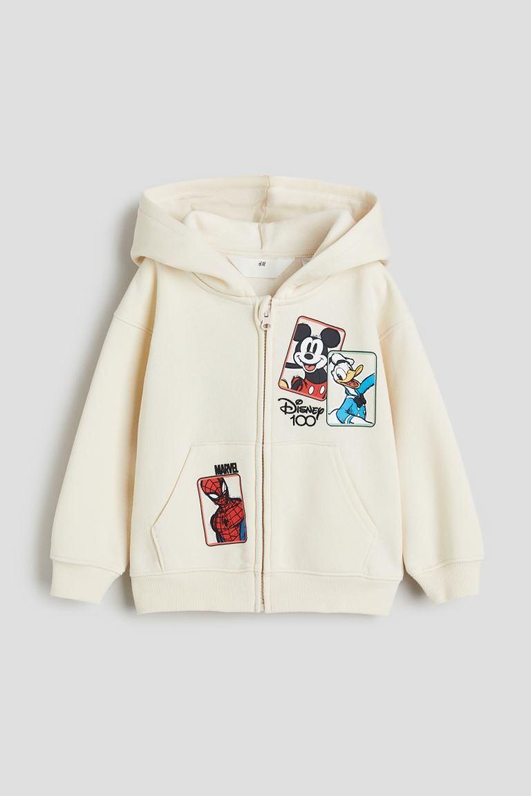Printed zip-through hoodie - Light beige/Disney - Kids | H&M GB | H&M (UK, MY, IN, SG, PH, TW, HK)