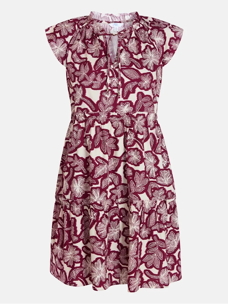 Time and Tru Women's and Women's Plus Tiered Cotton Mini Dress with Flutter Sleeves, Sizes XS-4X | Walmart (US)