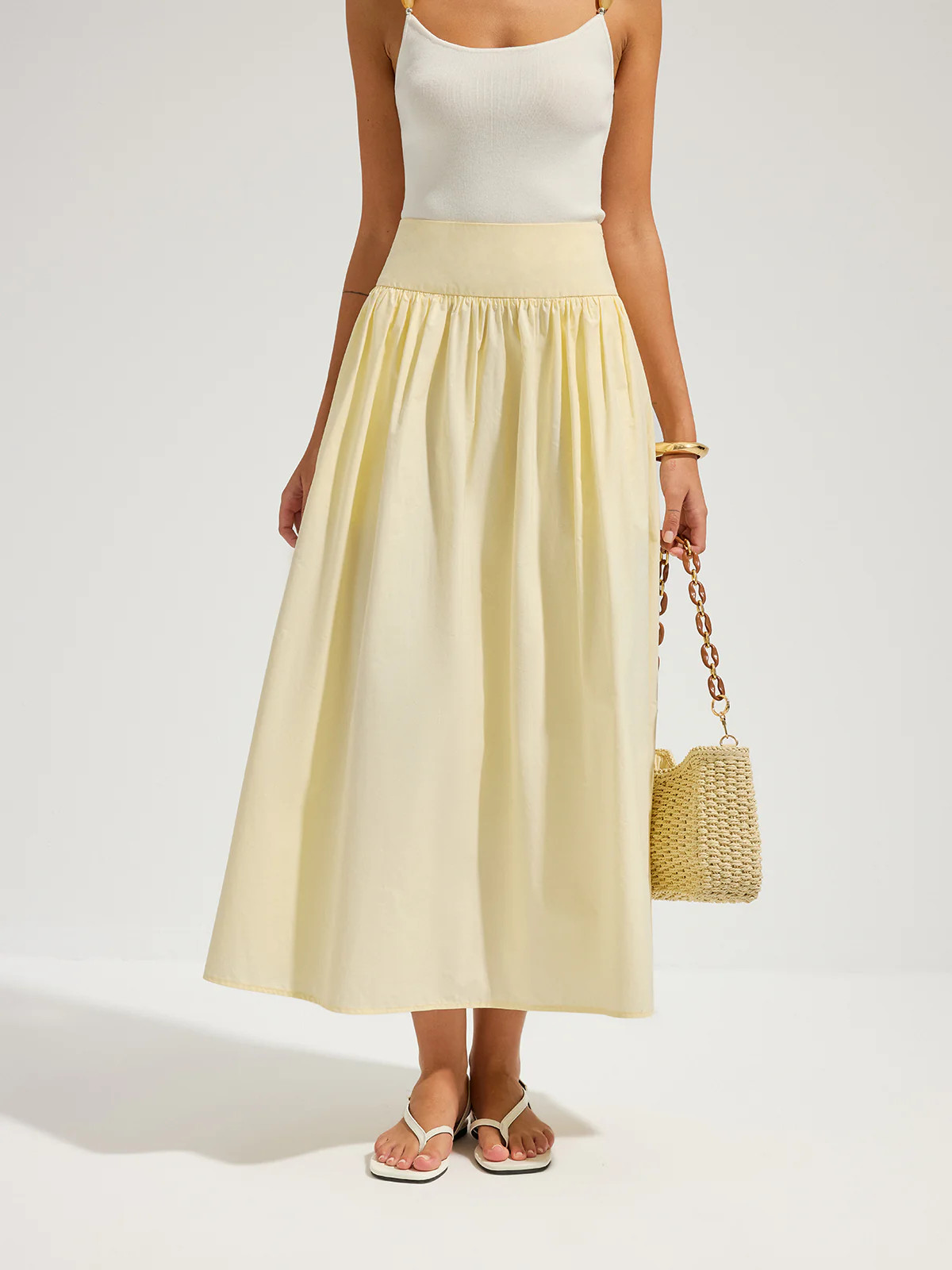 Cotton High Waist Gathered Midi Skirt | Commense