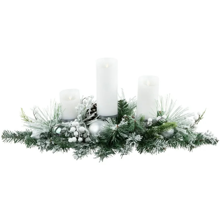 Northlight Flocked Pine Triple Candle Holder with Iridescent Christmas Ornaments - 30" | Walmart (US)