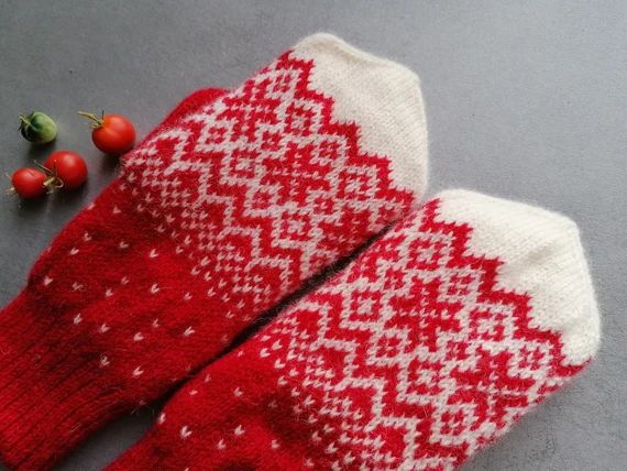 Cute red mittens, finely knitted wool accessories, red color nordic star pattern. Nice fair isle ... | Etsy (US)
